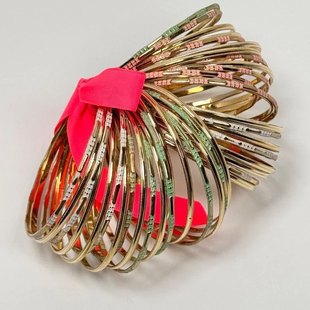 New Skinny Bracelet Stack Set Gold Tone Slim Bangles Enamel Ethnic Glam